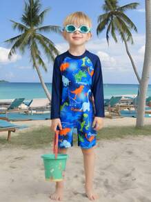 SHEIN Enterizo de manga larga con estampado de dinosaurio y bloques de color en diseño lindo de dinosaurio para niños pequeños, traje de baño para playa y surf, para primavera/verano