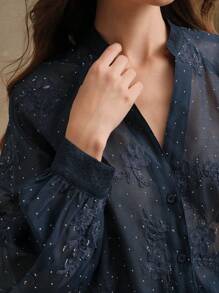 Anewsta V 领灯笼袖水钻刺绣复古度假衬衫