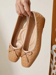 CUCCOO CHICEST Bailarinas cómodas y casuales con lazo y empeine tejido, puntera cuadrada, en color camel y marrón. Hechas de PU tejido, estilo Mary Jane, con un toque retro/vintage/académico/oficina/campus/citas/fiesta