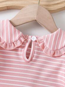 SHEIN Vintaside Kids Conjunto de 2 piezas para niñas bebé, top de manga larga acanalado con volante en el cuello en color camello y pantalones casuales cómodos con lazo y con campana - Gris - Ver 3