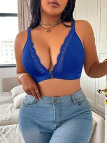 SHEIN Front Closure, Lift & Gather, Teardrop Cup, Lashes Lace, Comfortable Lace Patchwork Plus Size Bra & Wireless Bra - Navy Blue - View 5