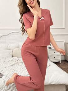 女士休闲针织星形罗纹提花领短袖上衣和长裤睡衣套装 - 藕粉色 - 查看 5