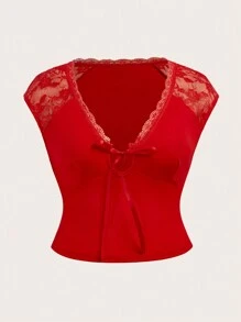 SHEIN ICON Blusa de punto de manga raglán de cuello en V de manga corta para el Día de San Valentín, talla grande, con aplicación de encaje rojo - Rojo - Ver 1