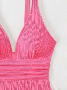 SHEIN Swim 1pc Plain Textured One-Piece Swimsuit For Beach & Summer Vacation - Hot Pink - View 4