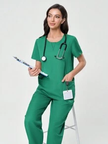 Scrubzie Women's Solid Color Pocket Wrinkle-Resistant Short Sleeve Shirt And Pants /Nursing Scrub Uniform Set - Green - View 7