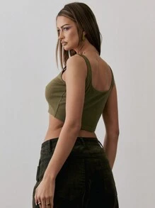 MUSERA Scoop Neck Ribbed Cropped Tank Top Vacation Spring Summer Holiday - Army Green - View 3