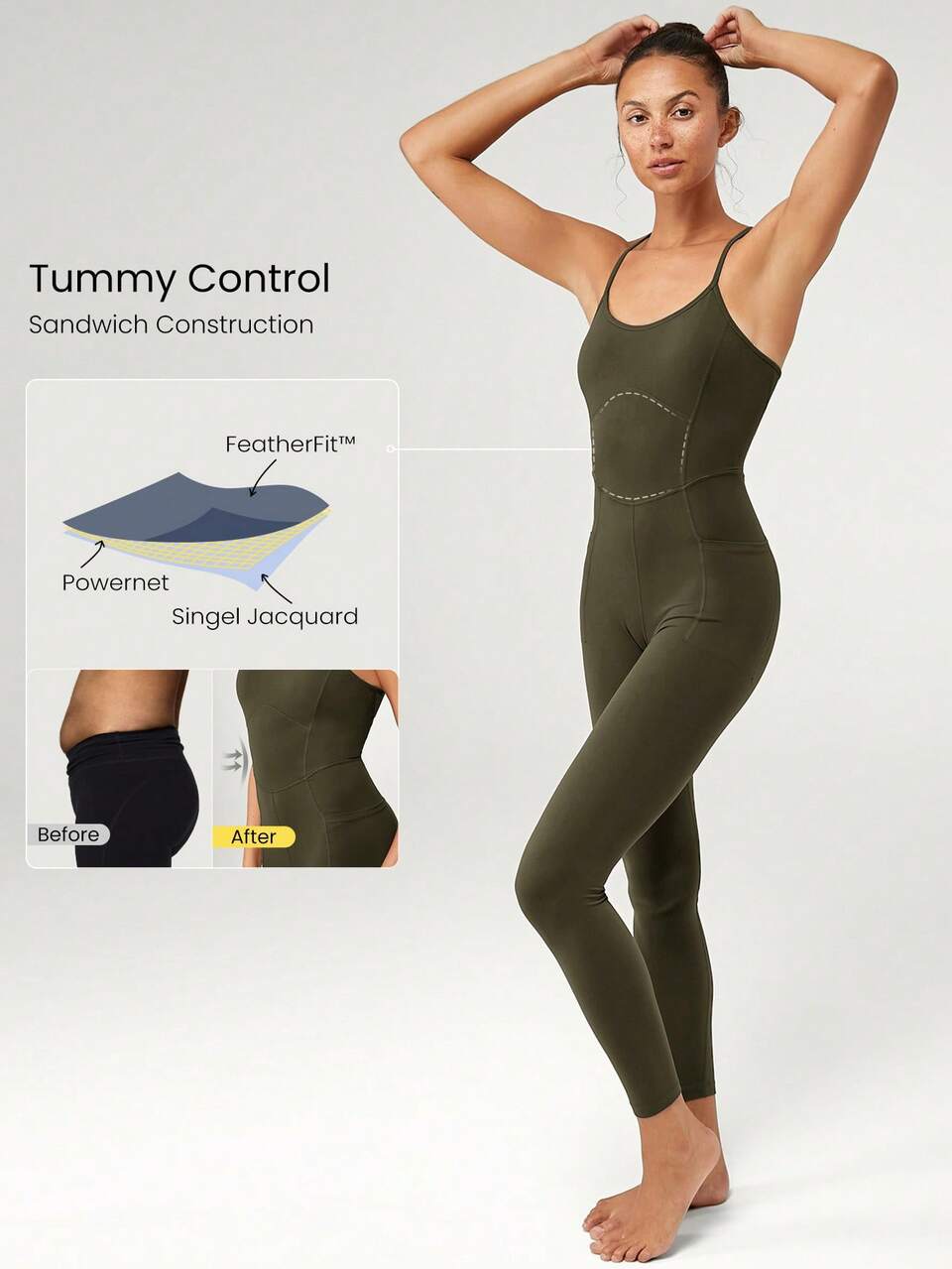 26" FeatherFit™ U-Back Tummy Control Pocket Adjustable Jumpsuit Bodysuit Light Support Low Impact Yoga Pilates Studio Summer
