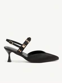 CUCCOO CHICEST Elegante preto cetim bico decoração stiletto salto médio bombas para mulheres, adequado para ocasiões formais, deslocamento, vestido, festa de casamento - Preto - Ver 6