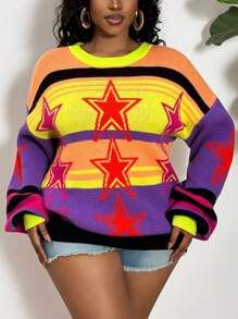 Slaydiva Plus Size Women Colorblock Striped & Star Pattern Sweater, Casual Autumn/Winter - Multicolor - View 5