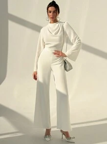 Aloruh 简约办公室通勤装女式宽领长袖深 V 背长腿连体裤 - 白色 - 查看 5