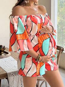 SHEIN Maternity Off Shoulder Ruffled Sleeve Casual Romper, Vacation