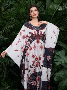 Al Najma Women's Floral Print Round Neck Batwing Elegant Turkish Dress, Modest Kaftan - Multicolor - View 4