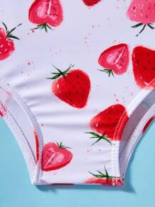 SHEIN Baby Girl Strawberry Pattern Ruffled Swimsuit & Hat Set, Cute Knitted Summer - Red and White - View 4