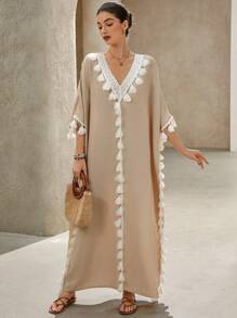 SHEIN Clasi Women's Casual Elegant Vacation V-Neck Floral Ruffle Decor Batwing Sleeve Dress, Ramadan Boho Music Festival