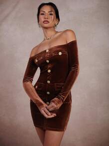COSMINA Women Off Shoulder Long Sleeve Single-Breasted Fitted Mini Dress, Solid Color