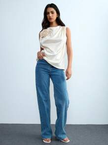 Chiquease Women's Solid Color 3D Floral Decor Pleated Camisole