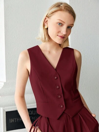 BizChic Chaleco sin mangas con cuello en V y botones frontales para mujer, top básico de moda minimalista para viajes urbanos, ropa casual de negocios, abrigo para usar en la oficina en otoño/invierno