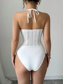 Chiquease Pure Sensuality Halter Neck Lace-Up Sexy 3D Floral Textured Bodysuit