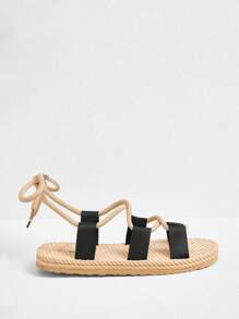 Styleloop Women's Fashion Casual Boho Style Flat Sandals, Lace-Up Design Contrast Color Woven Bands, Soft Comfortable Lightweight Flexible Soles, Suitable For Summer Travel, Beach, Holiday Spring Break Easter - Black - View 5