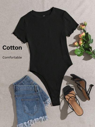 SHEIN EZwear Body camiseta tejido de canalé ribete en forma de lechuga