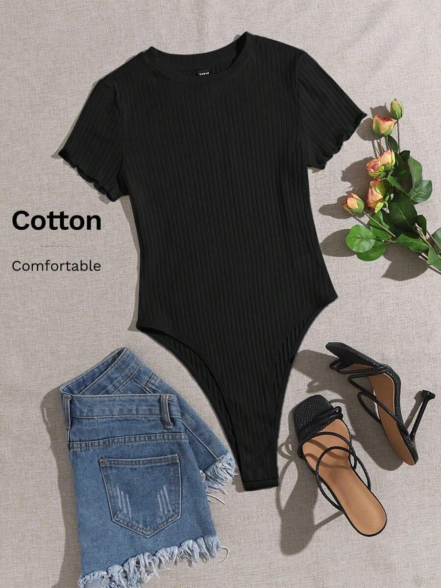 SHEIN EZwear Lettuce Trim Rib-knit Tee Bodysuit - Black - View 1