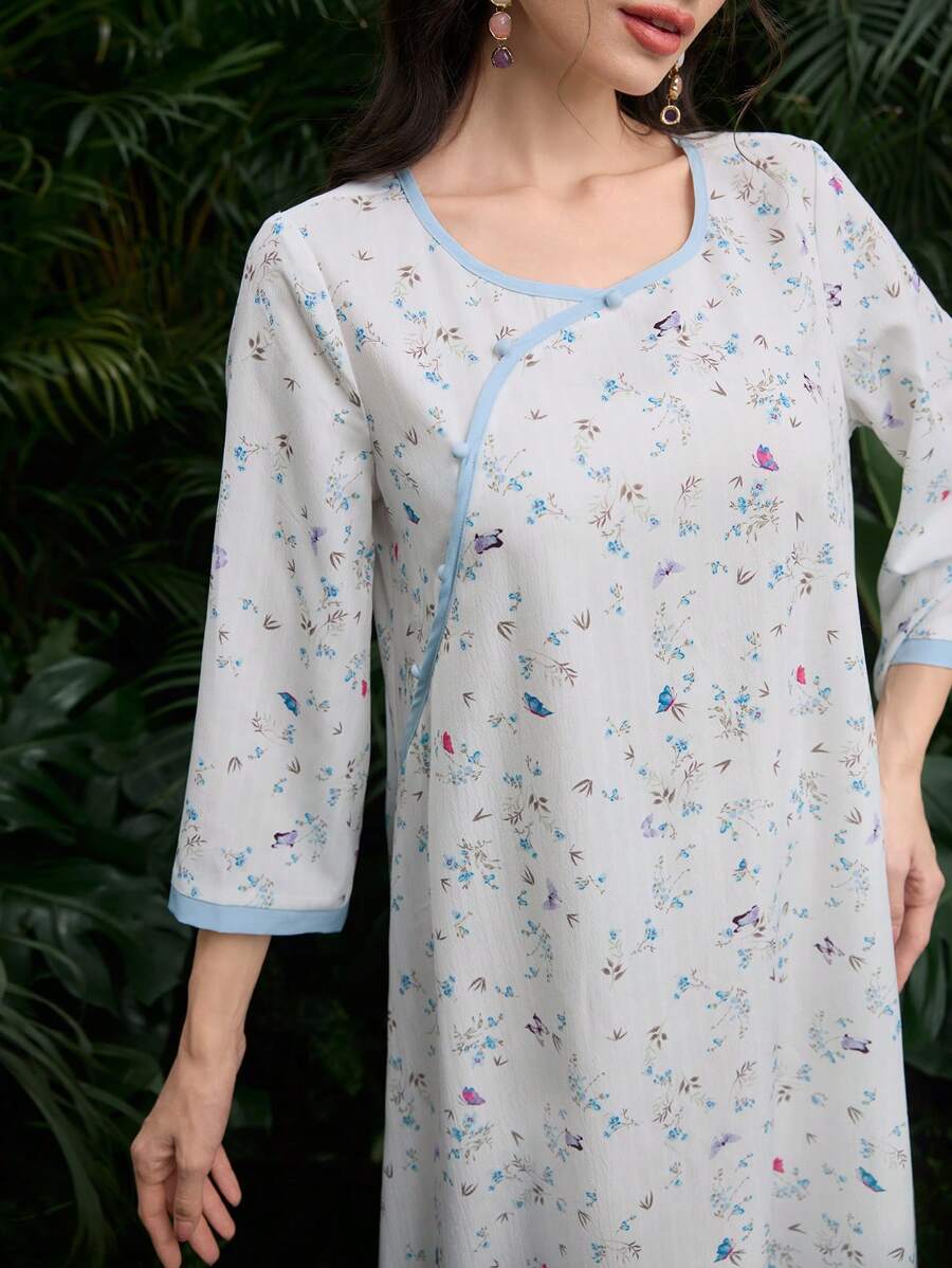 Al Najma Gaun Panjang Maxi Gaya Arab Elegan Motif Bunga Kecil untuk Wanita - Baby Blue - View 1