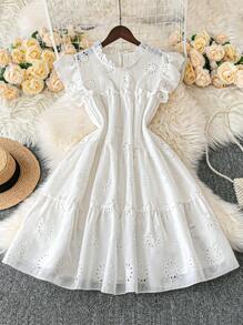 SHEIN LUNE Cute And Gentle Style Flattering Cap Sleeve Loose Fit Embroidered Long Dress, White, Sweet French Style, Slimming, Summer New Arrival - White - View 1