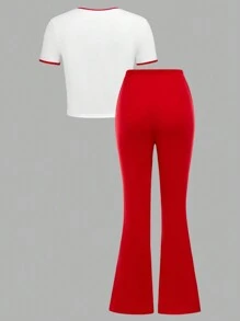 2 件套少女心形和字母印花短袖上衣和喇叭裤 - 紅色 - 查看 2