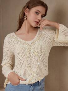 MOTF PREMIUM OPEN KNIT FLARE SLEEVE TOP - Apricot - View 1
