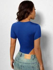 Muchica Navy Blue Letter Print Front Bodysuit - Royal Blue - View 2