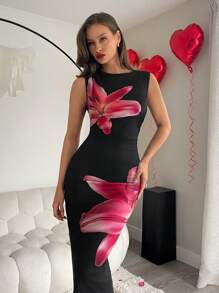 SHEIN Essnce 女式黑色大花卉印花圆领侧开衩露背连衣裙