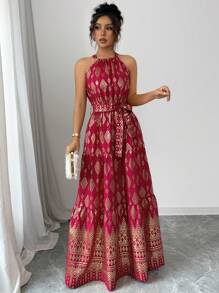 Breezaya 女式锡箔几何印花长款挂脖连衣裙