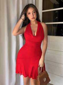 Firerie 优雅浪漫性感派对 V 领褶皱腰不对称下摆红色吊带迷你连衣裙，春夏情人节服装 - 紅色 - 查看 2