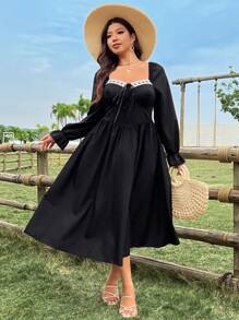 SHEIN Clasi Robe mi-longue princesse à manches bouffantes et taille marquée, tailles grandes - Noir - Voir 6