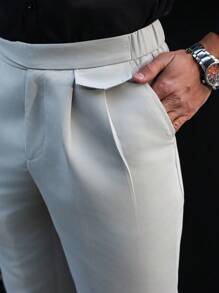 Manfinity Mode Men's Plain Button Pocket Pleated Casual Pants, Basic Everyday Wear - Beige - View 6