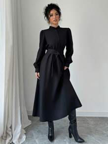 Selianne 女士优雅休闲时尚通勤长袖立领半拉链收腰纯色连衣裙 - 黑色 - 查看 6