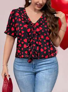 SHEIN Privé Plus Size Women's Romantic Ruffle V-Neck Short Sleeve Shirt With Heart Print Pattern, Elegant Casual For Date And Party, Spring/Summer For Valentine's Day - Black - View 3