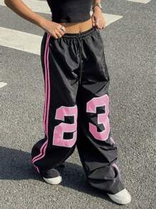 Muchica Pantalones anchos de tela tejida con estampado de números en negro y rosa para mujer - Rosa - Ver 5