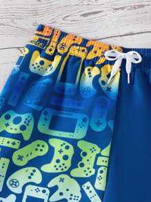 Tween Boy Gamepad & Letter Graphic Drawstring Waist Swim Shorts - Navy Blue - View 3