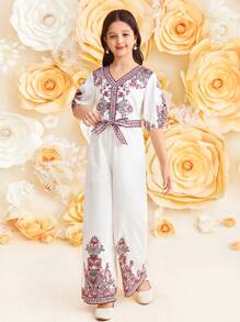 SHEIN Tween Girls' V-Neck Puff Sleeve Printed Casual Romper