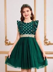 Tween Girls Elegant Ruffle Hem Foil Printed Mesh Party Dress For Spring/Summer - Dark Green - View 4