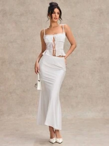 SHEIN BAE Conjunto de 2 peças feminino, sólido, branco, imitação de linho, renda, patchwork, camisola, amarração, saia sereia super longa e justa, traje para o dia dos namorados, conjunto de 2 peças para festa, conjunto de 2 peças para encontro romântico, conjunto de 2 peças para minivestido de madrinha, conjunto de 2 peças para vestido de baile, conjunto de 2 peças para deslocamento diário, conjunto de 2 peças de renda branca, conjunto de 2 peças para minivestido de aniversário - Branco - Ver 1