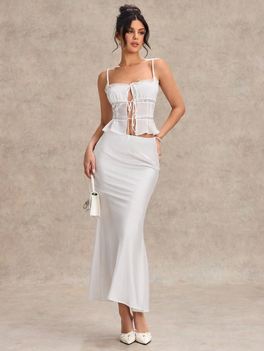 SHEIN BAE Conjunto de 2 peças feminino, sólido, branco, imitação de linho, renda, patchwork, camisola, amarração, saia sereia super longa e justa, traje para o dia dos namorados, conjunto de 2 peças para festa, conjunto de 2 peças para encontro romântico, conjunto de 2 peças para minivestido de madrinha, conjunto de 2 peças para vestido de baile, conjunto de 2 peças para deslocamento diário, conjunto de 2 peças de renda branca, conjunto de 2 peças para minivestido de aniversário - Branco - Ver 1