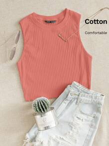 SHEIN EZwear Top tank unicolor tejido de canalé - Rosa coral - Ver 7