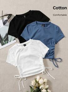 SHEIN EZwear Bộ 3 áo thun nữ tay ngắn cổ tròn màu trơn có dây rút - Nhiều màu - Xem 6