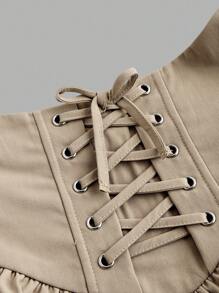 SHEIN Girlism Tween Girls Woven Solid Color Cross Straps Layered Cake Khaki Pressed Lace Trim Short Skirt,Back To School,Casual And Versatile, Ladylike, Sweet And Cool Girl - Khaki - View 3