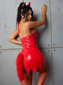 Fantasy Costume 4 件套音乐节派对魔鬼服装角色扮演肩带闪亮毛绒毛茸茸乐队性感女士服装，红色，狂欢 - 紅色 - 查看 2