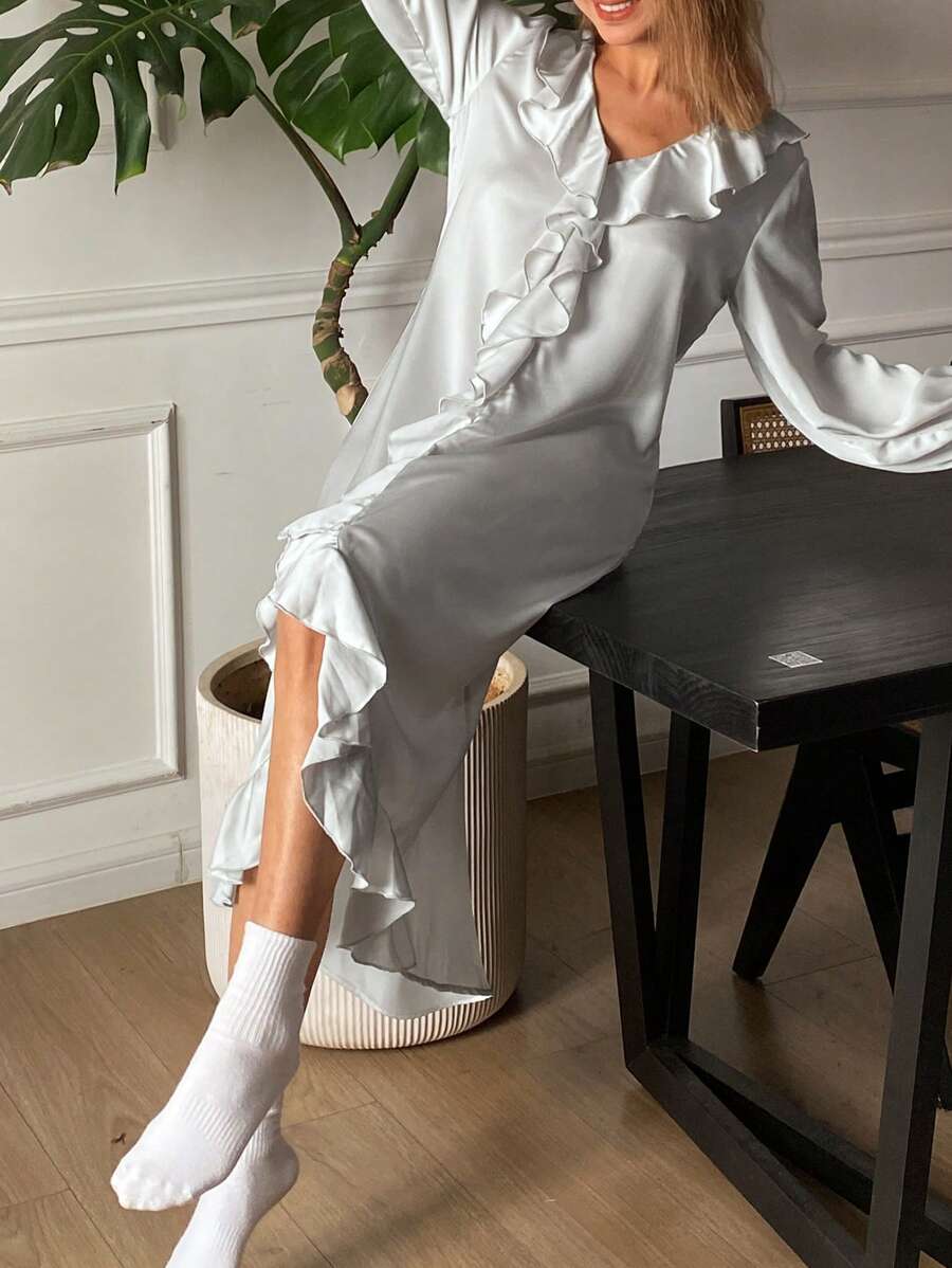 DAZY Mid-Length Satin Ruffle Hem Ladies Nightgown Pajama - Light Grey - View 1