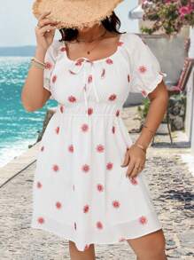 SHEIN VCAY Große Größen weißes besticktes Kleid mit quadratischem Ausschnitt, Puffärmeln und geraffter Taille, Alinien-Minirock, romantisches Urlaubsparty-Kleid, Sommeroutfit für Damen, Strand, Sommerkleidung für Damen, St. Patricks Day Outfit, Frühlingsoutfit für Damen, romantische Kleider, Brautgastkleid für Damen, Sommerkleid