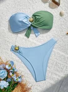 SHEIN MOD Conjunto de traje de baño bandeau de color contrastante para mujer, verano - Multicolor - Ver 1